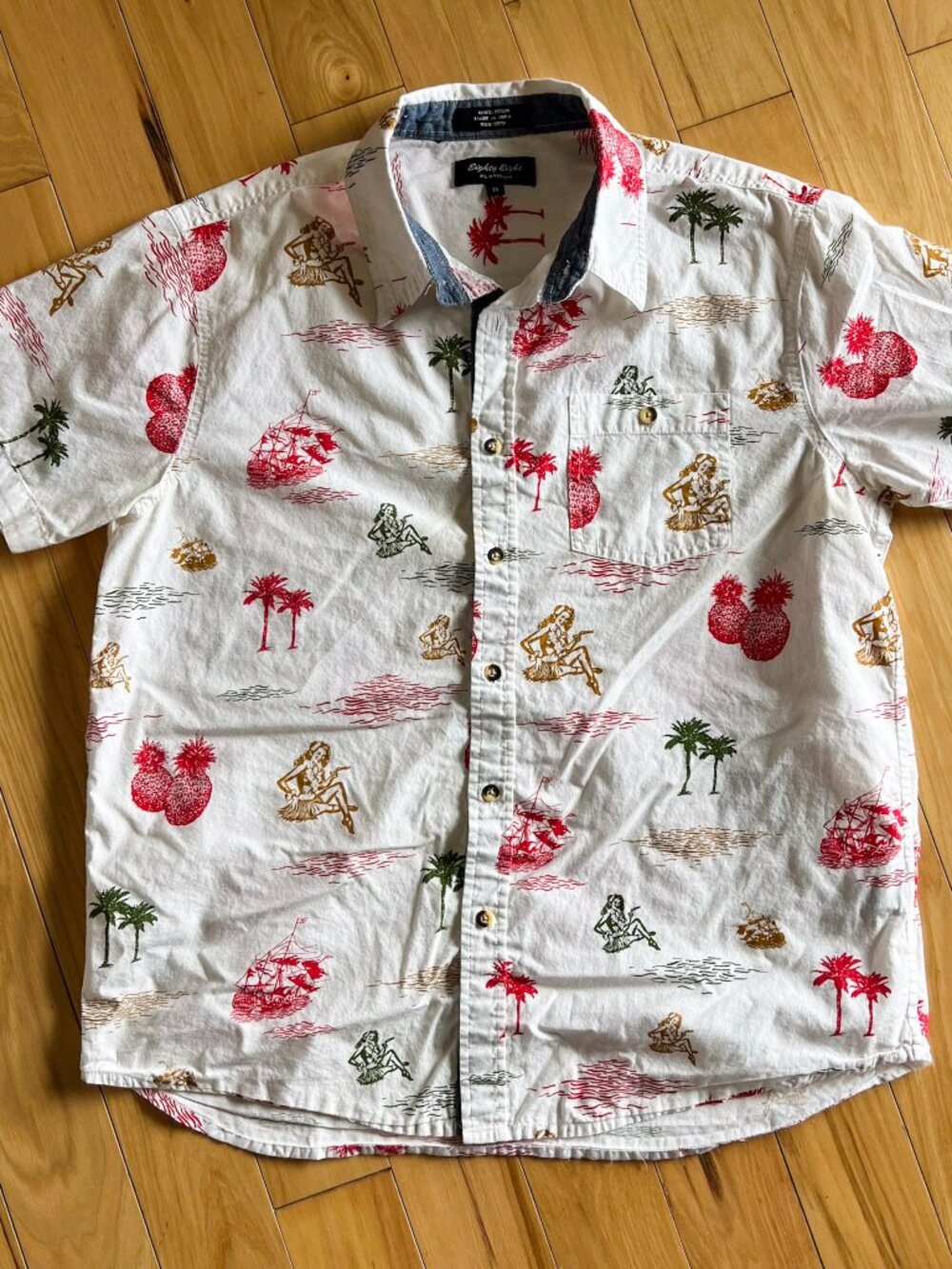 Retro Hawaiian Print Button Up Shirt Tiki Hula Pineapple Palm Trees Medium